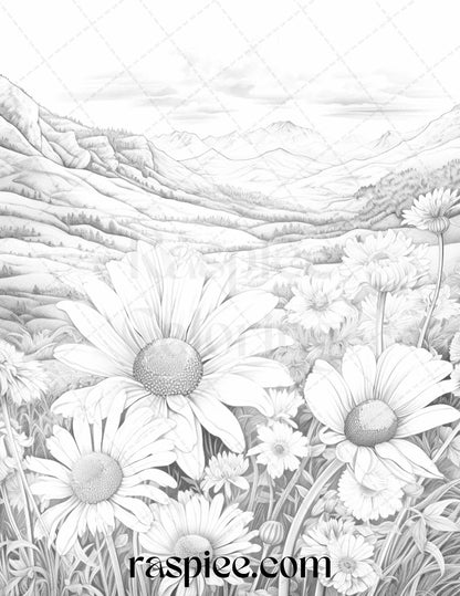 60 Mountain Flower Landscapes Grayscale Coloring Pages Printable for Adults, PDF File Instant Download