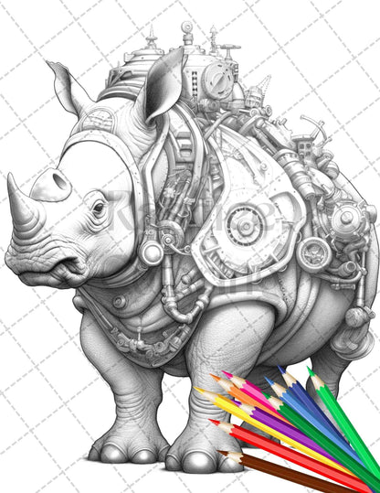 60 Steampunk Animals Grayscale Coloring Pages Printable for Adults, PDF File Instant Download