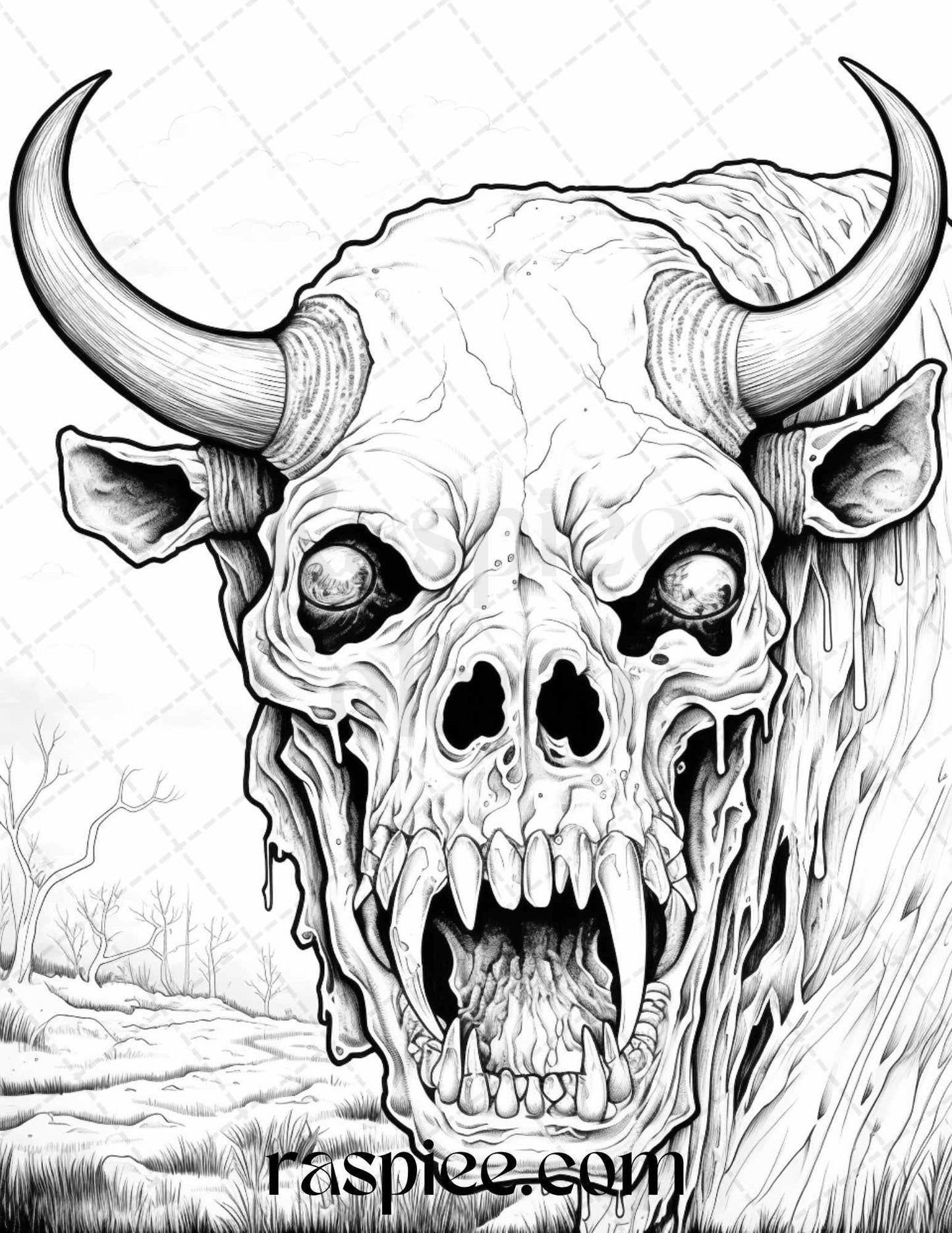 66 Horror Zombie Animals Grayscale Coloring Pages Printable for Adults, PDF File Instant Download