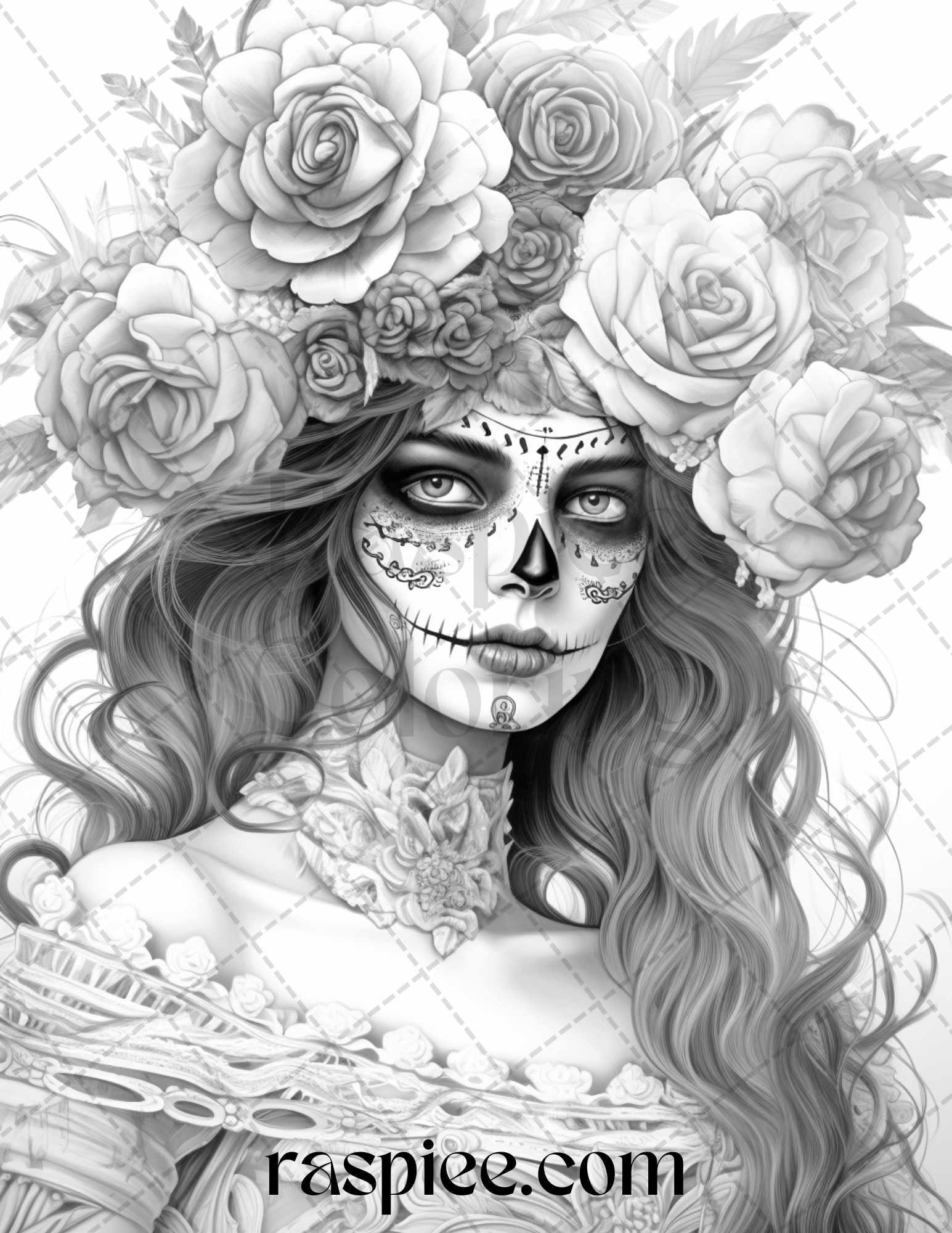 50 Day of the Dead Grayscale Coloring Pages Printable for Adults, PDF File Instant Download