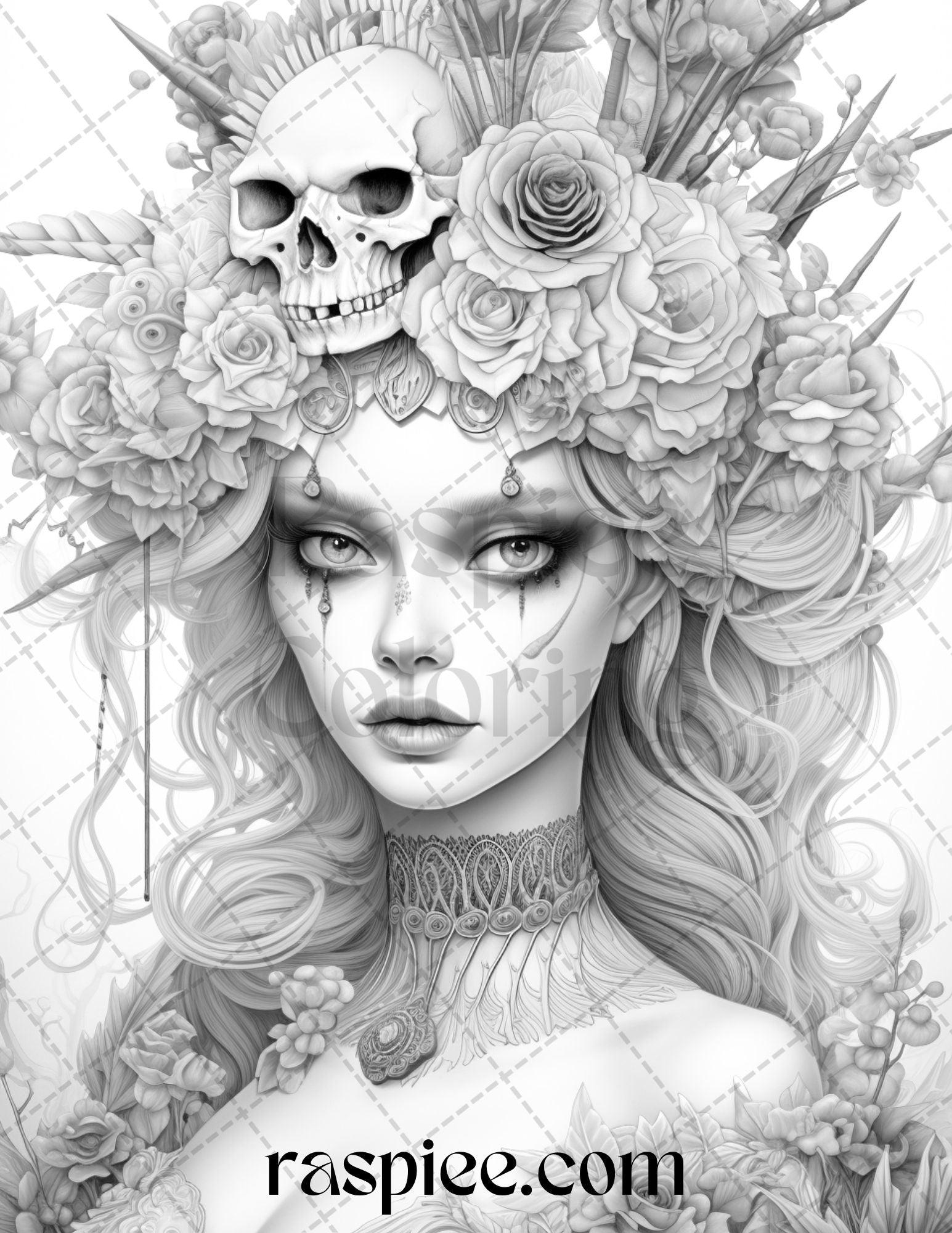 55 Halloween Girls Grayscale Coloring Pages Printable for Adults, PDF File Instant Download