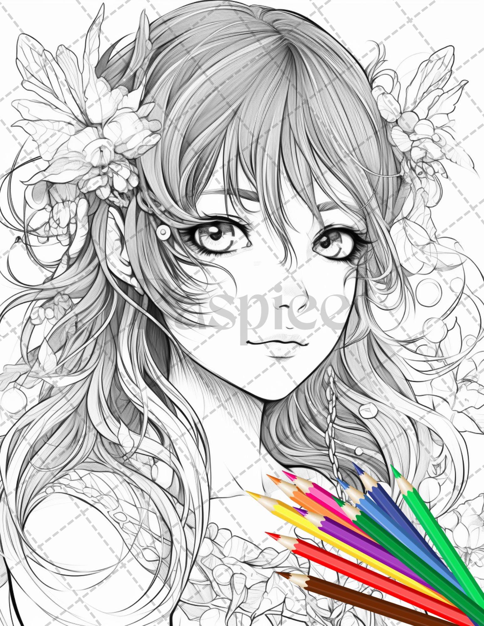 32 Anime Fairy Girl Printable Coloring Pages for Adults, Cute Fairy Grayscale Coloring Book, Printable PDF File Download