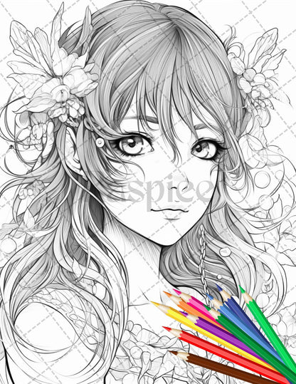 32 Anime Fairy Girl Printable Coloring Pages for Adults, Cute Fairy Grayscale Coloring Book, Printable PDF File Download