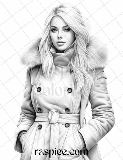40 Winter Fashion Grayscale Coloring Pages Printable for Adults, PDF File Instant Download