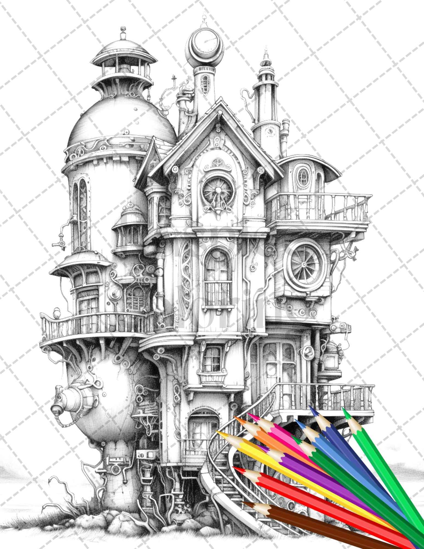 50 Steampunk Houses Grayscale Coloring Pages Printable for Adults, PDF File Instant Download