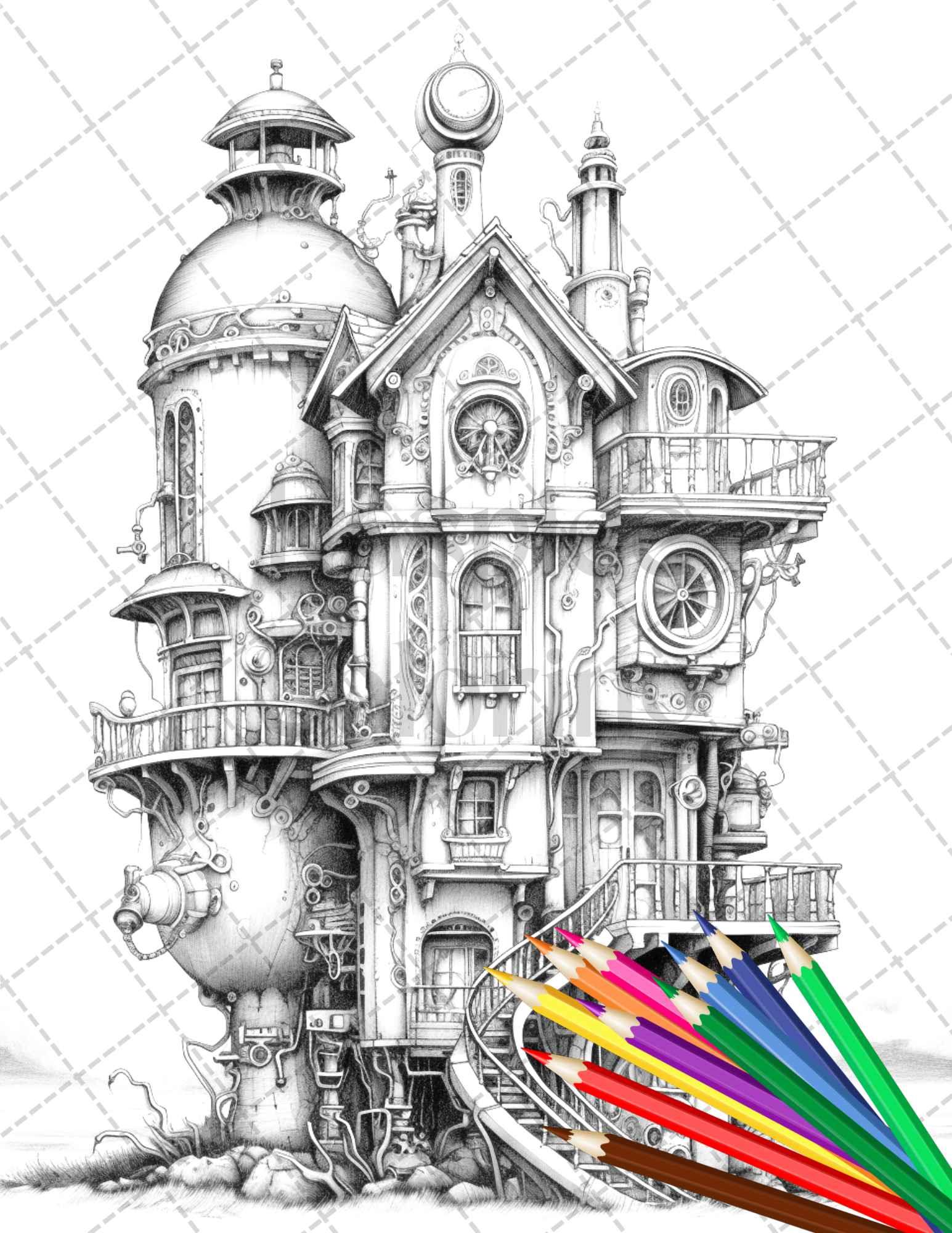 50 Steampunk Houses Grayscale Coloring Pages Printable for Adults, PDF File Instant Download