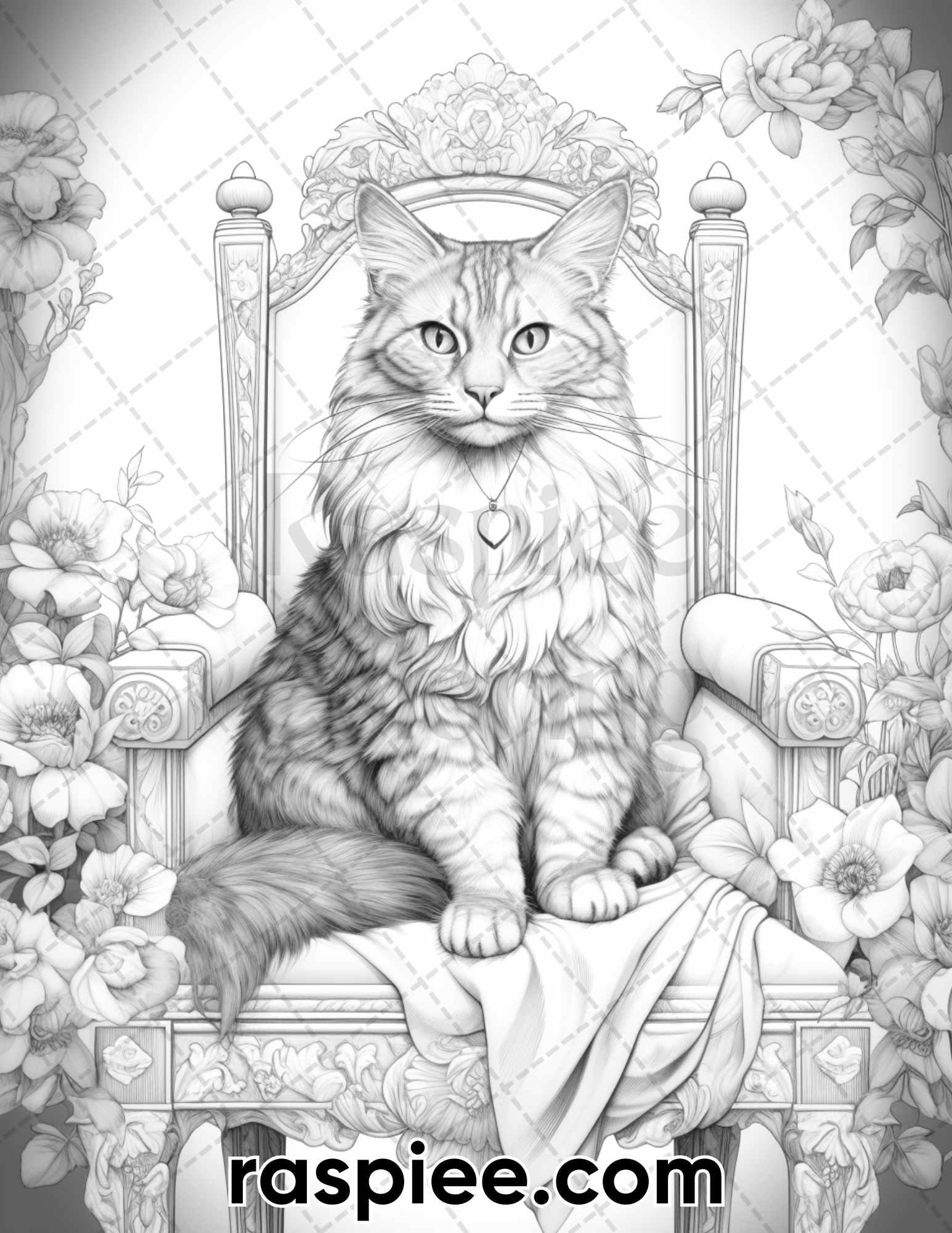 50 Royal King Cat Grayscale Coloring Pages for Adults, Printable PDF Instant Download