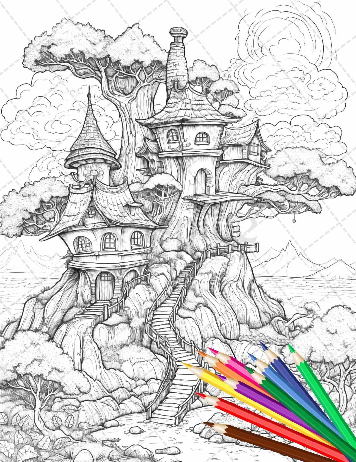 110 Enchanted Treehouse Coloring Book Printable for Adults, Grayscale Coloring Page, PDF File Instant Download
