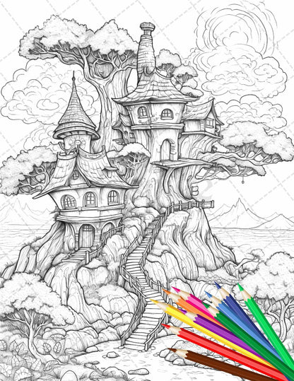 110 Enchanted Treehouse Coloring Book Printable for Adults, Grayscale Coloring Page, PDF File Instant Download