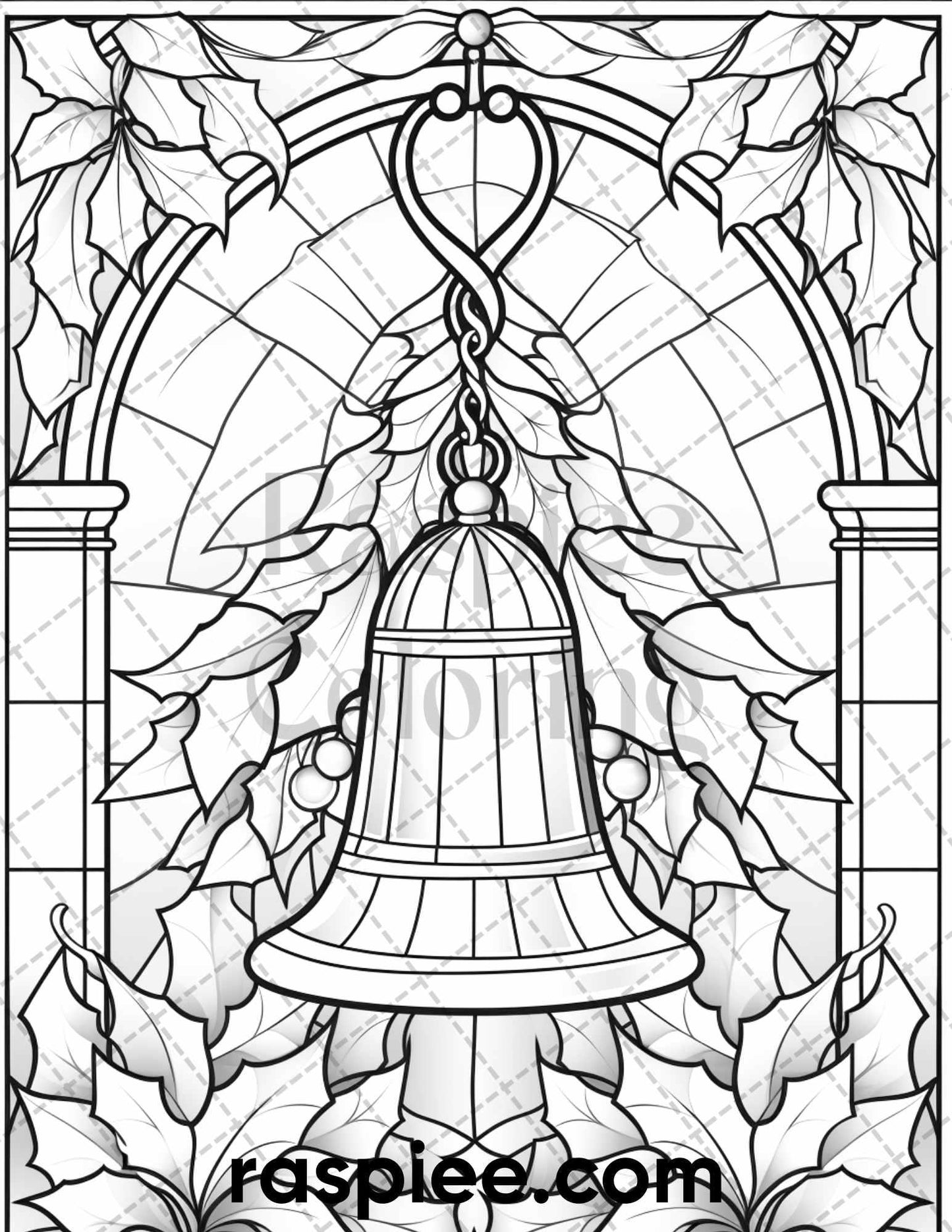 50 Christmas Stained Glass Grayscale Coloring Pages for Adults, Printable PDF File Instant Download