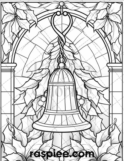 50 Christmas Stained Glass Grayscale Coloring Pages for Adults, Printable PDF File Instant Download