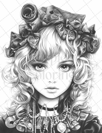 60 Adorable Gothic Girls Grayscale Coloring Pages Printable for Adults, PDF File Instant Download