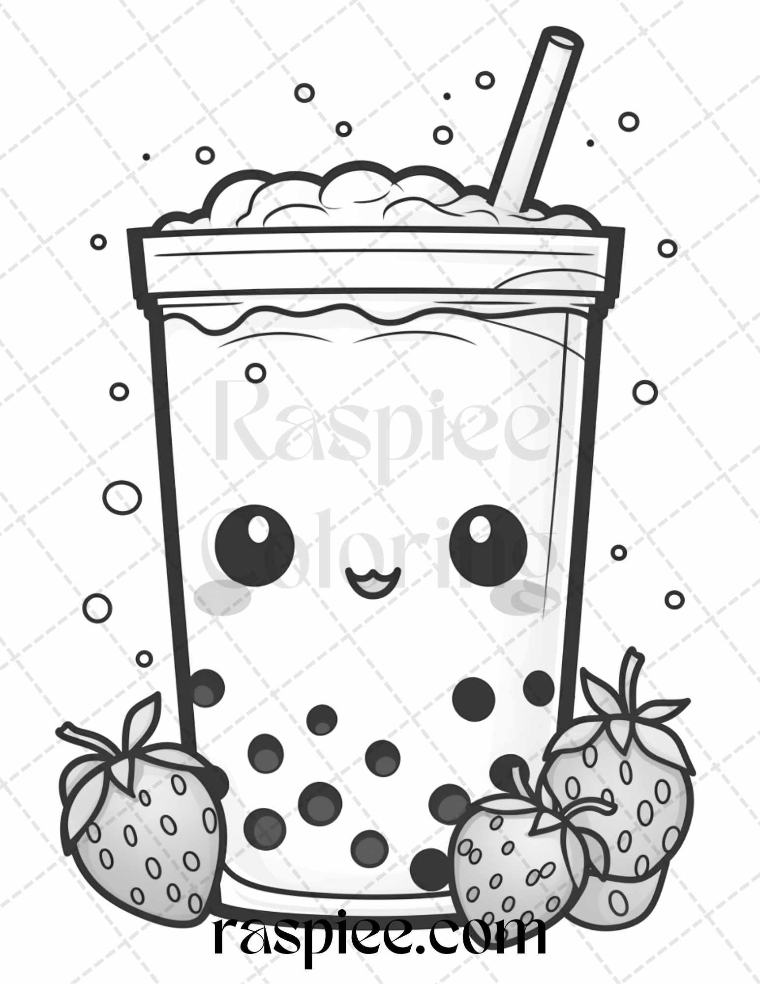 50 Cute Kawaii Boba Tea Grayscale Coloring Pages for Adults and Kids, Printable PDF File Instant Download