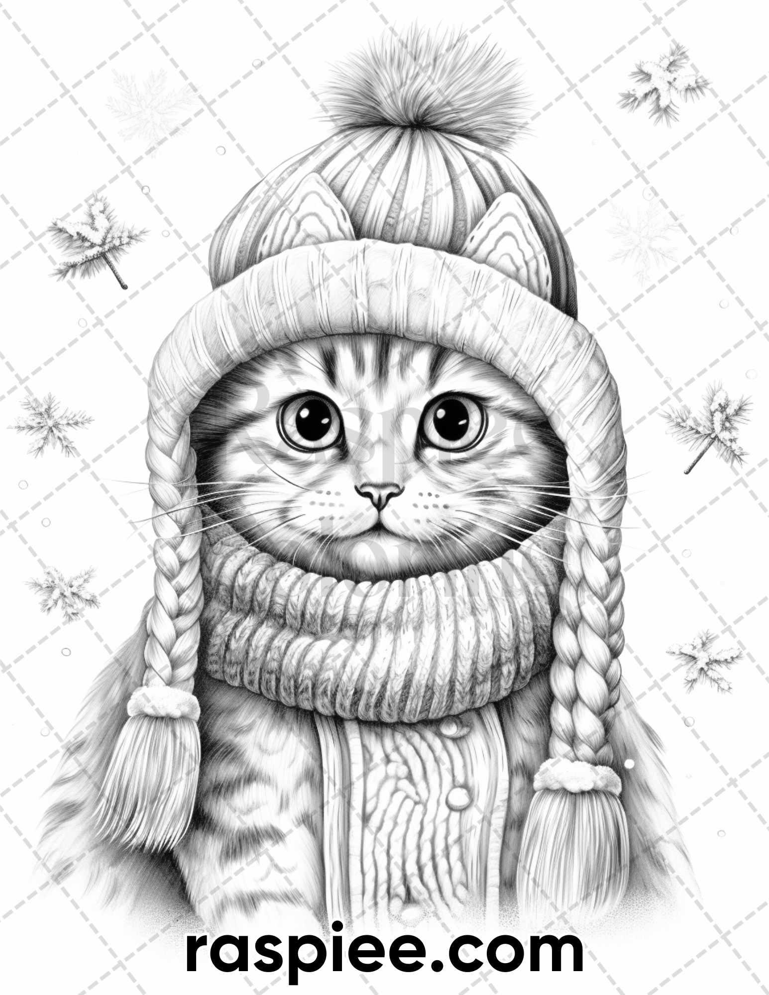 40 Christmas Cats Grayscale Coloring Pages for Adults, Printable PDF Instant Download