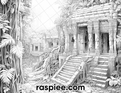50 Tropical Paradise Grayscale Adult Coloring Pages, Printable PDF Instant Download