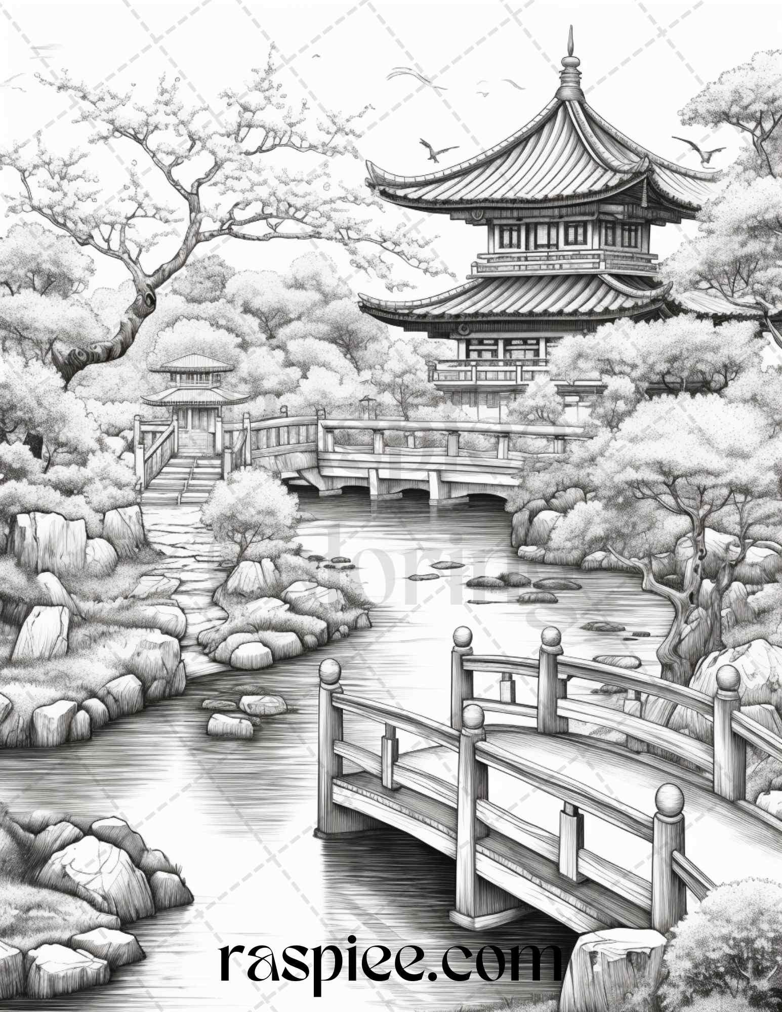Japanese Garden Grayscale Coloring Pages Printable for Adults, PDF File Instant Download