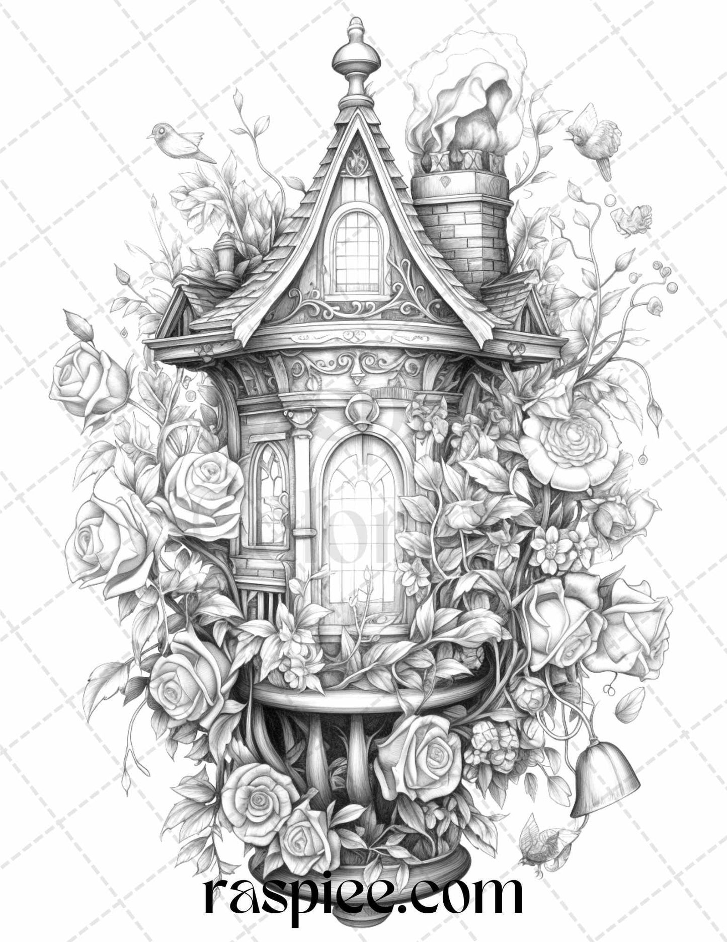 50 Lantern Fairy Houses Grayscale Coloring Pages Printable for Adults, PDF File Instant Download