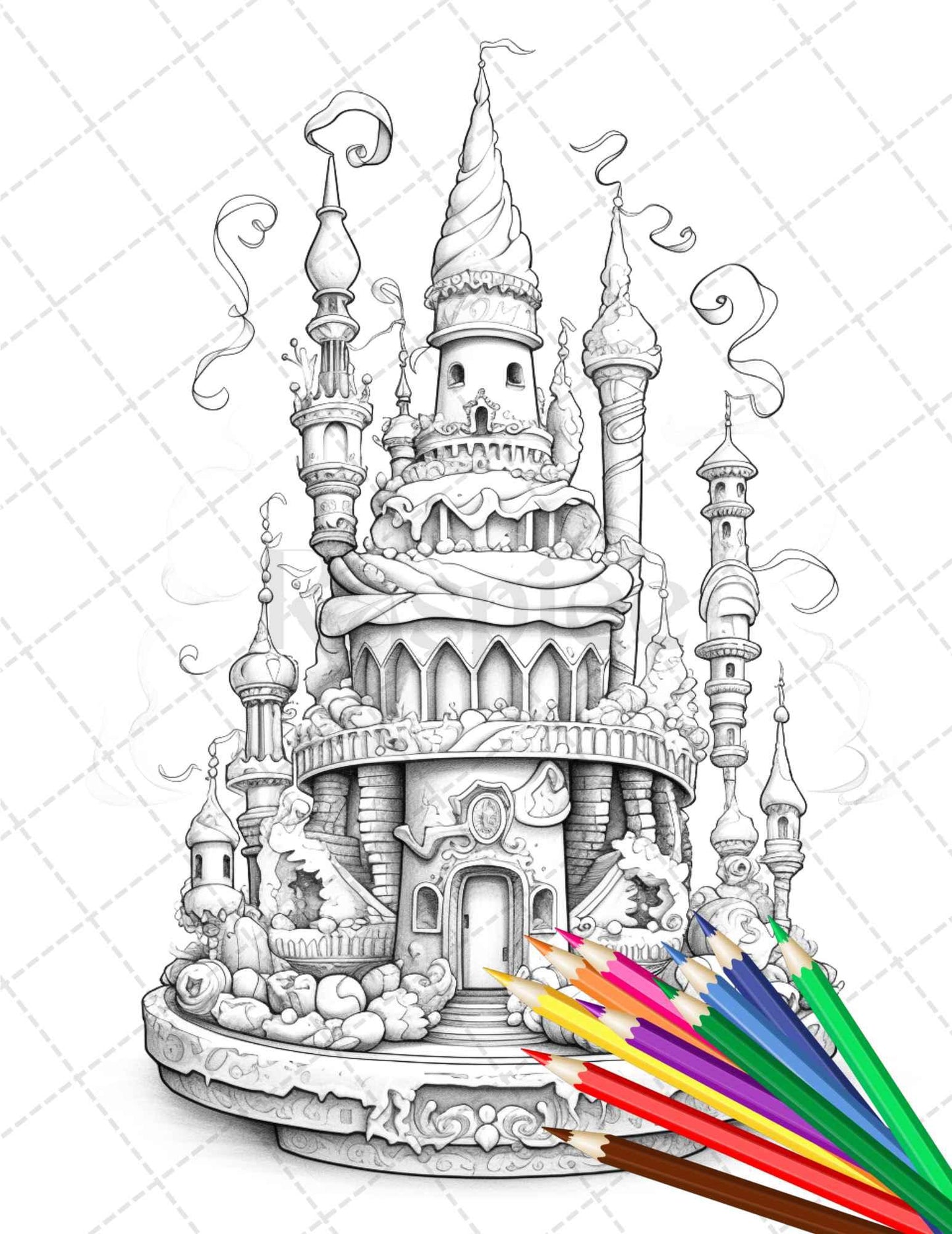 38 Whimsical Cakes Grayscale Coloring Pages for Adults, PDF File Instant Download