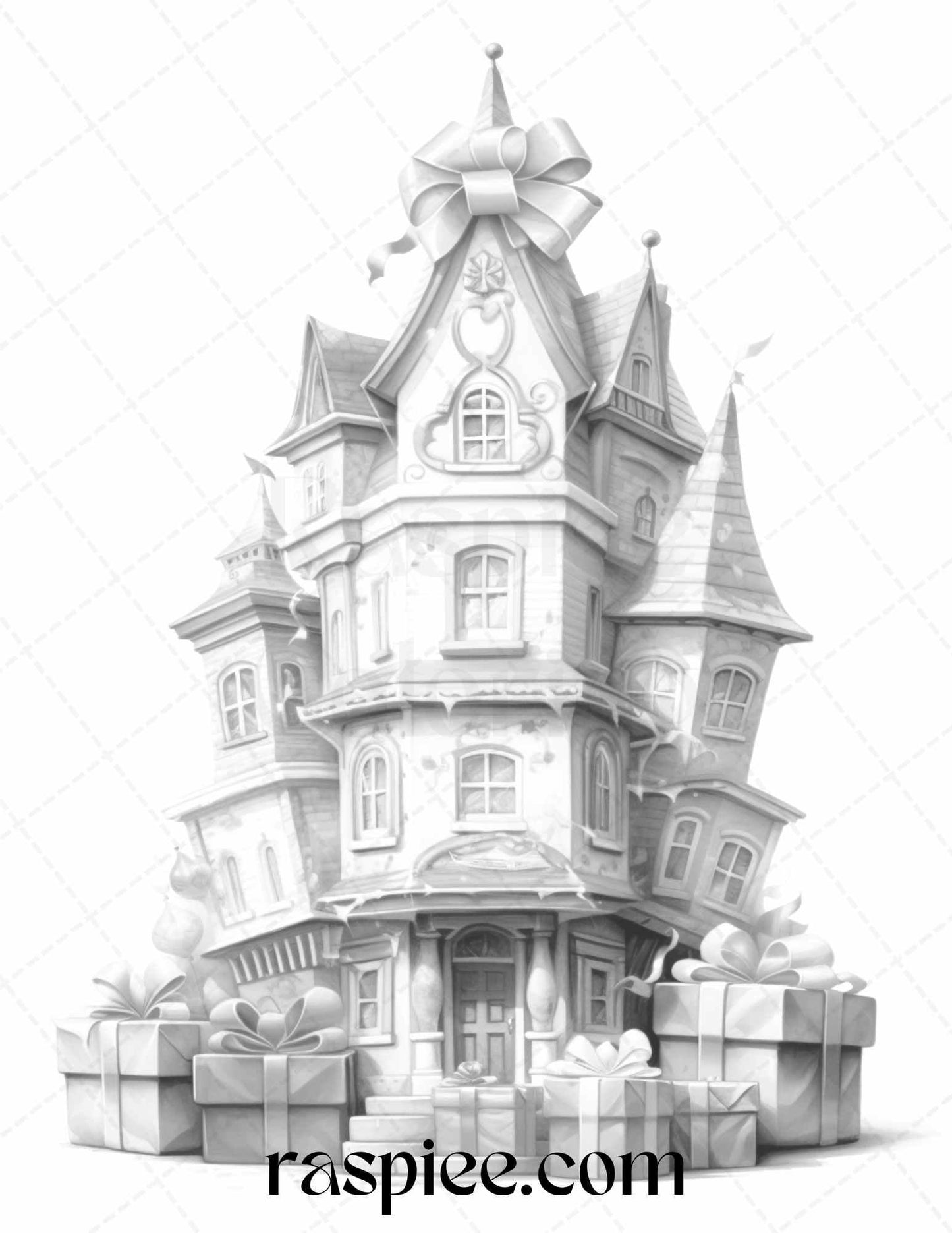 40 Adorable Gift Box Houses Grayscale Coloring Pages Printable for Adults Kids, PDF File Instant Download