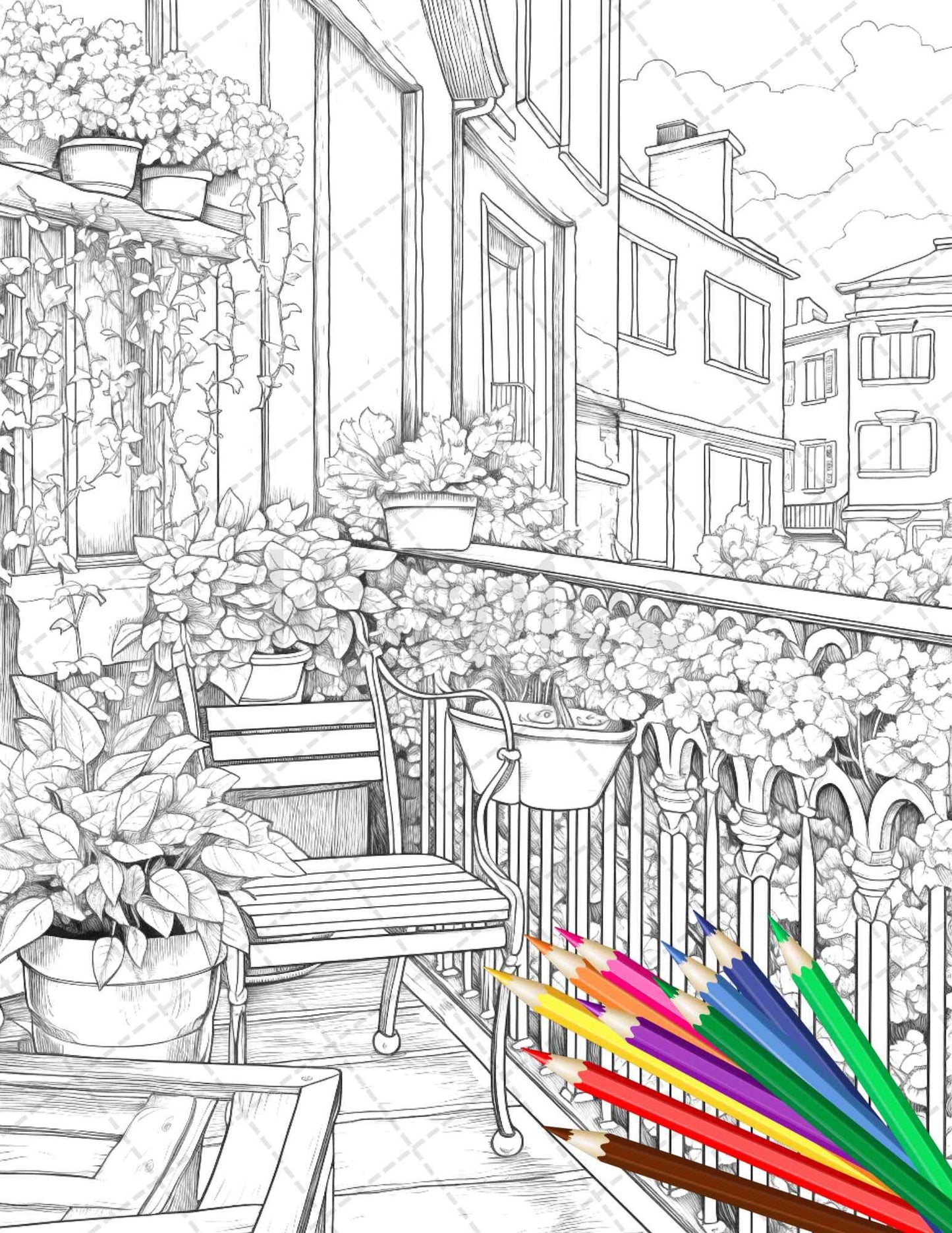 Charming Balcony Garden Grayscale Coloring Pages Printable for Adults, PDF File Instant Download