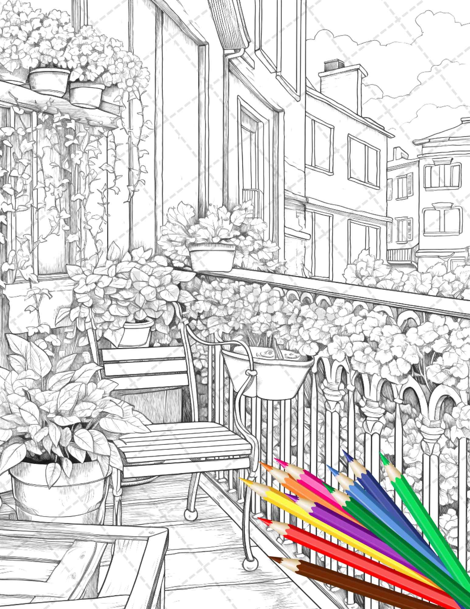 Charming Balcony Garden Grayscale Coloring Pages Printable for Adults, PDF File Instant Download