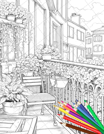 Charming Balcony Garden Grayscale Coloring Pages Printable for Adults, PDF File Instant Download