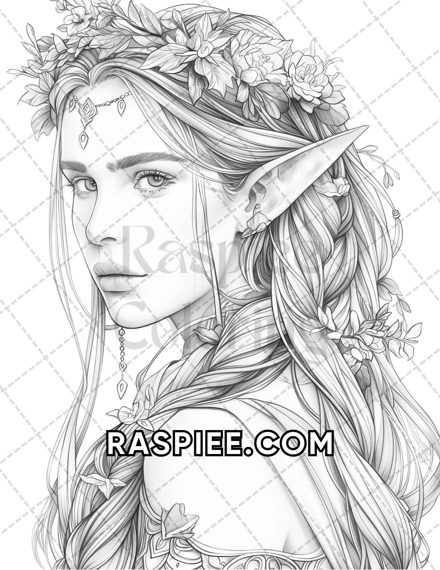 60 Fantasy Beauties Grayscale Adult Coloring Pages Printable PDF Instant Download