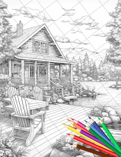 Lake Cabin Scenery Grayscale Coloring Pages Printable for Adults, PDF File Instant Download