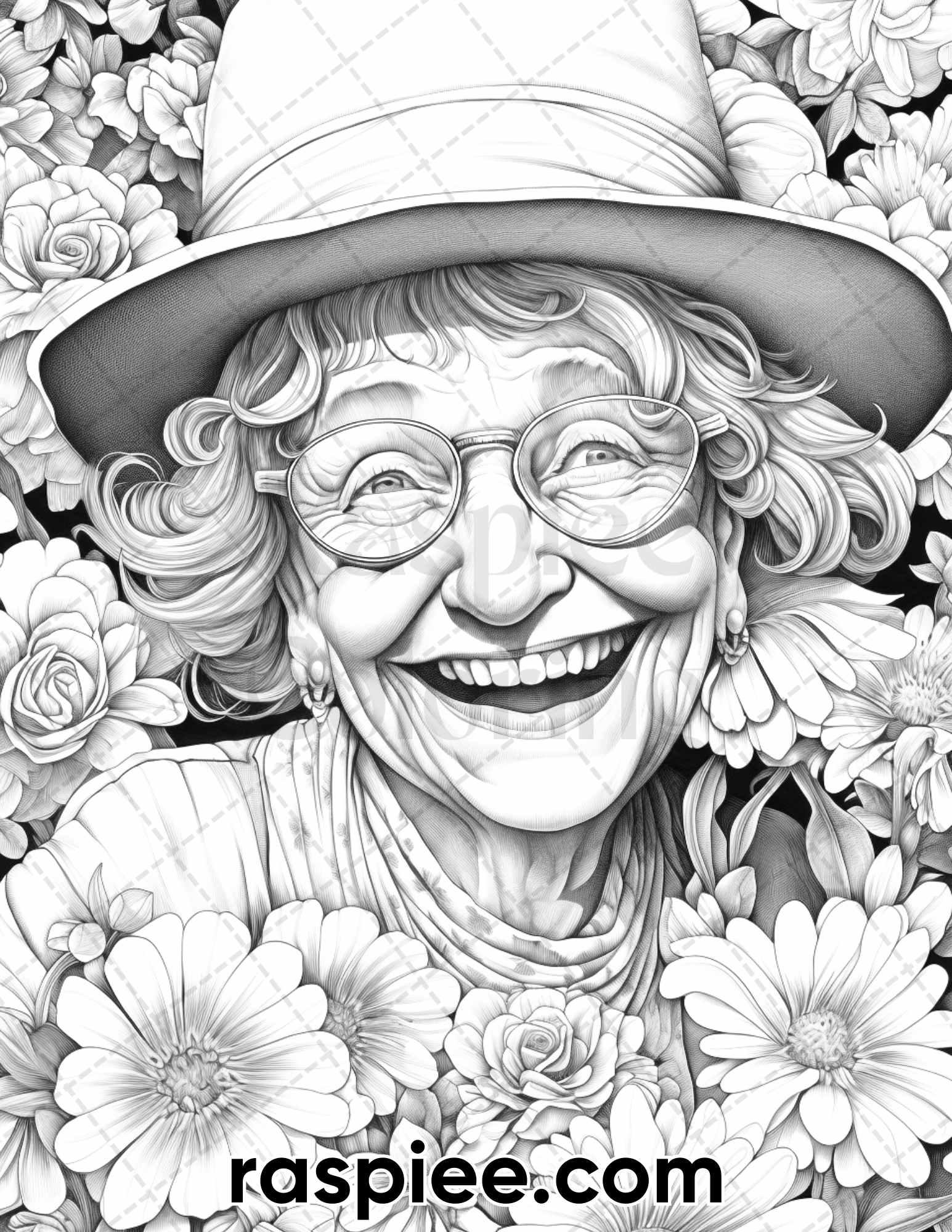 50 Funny Grandma Grayscale Coloring Pages for Adults, Printable PDF Instant Download