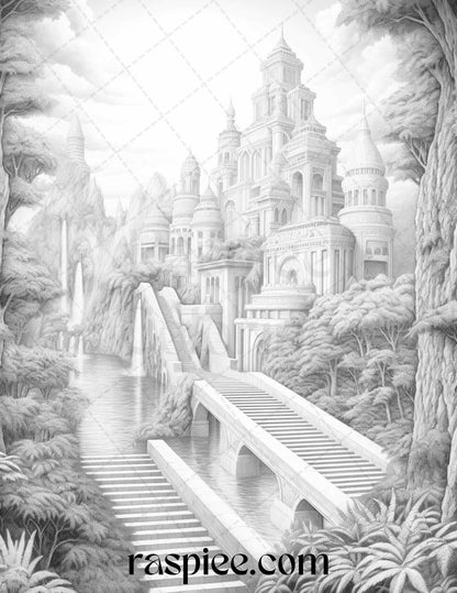 Hanging Gardens of Babylon Grayscale Coloring Pages Printable, PDF File Instant Download