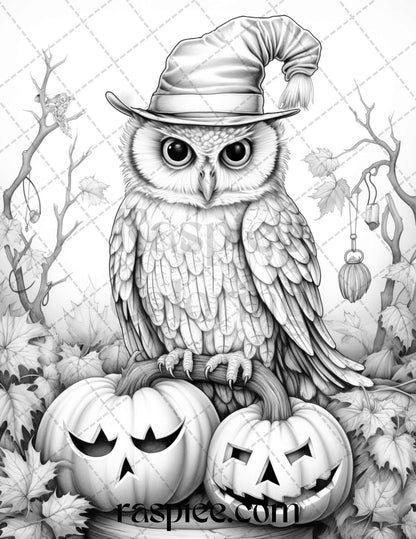 Halloween Witch Owl Grayscale Coloring Pages for Adults and Kids, Printable PDF Instant Download