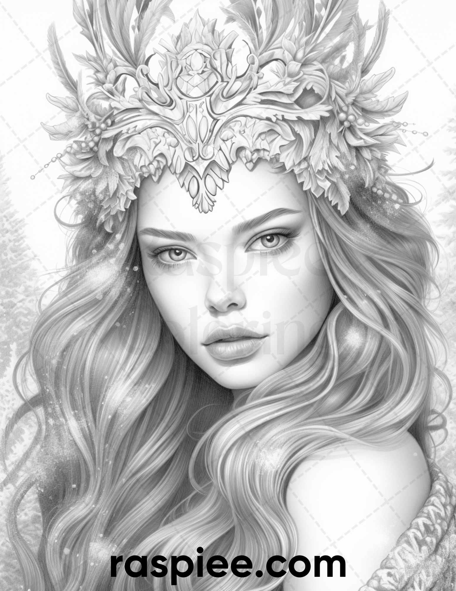 50 Winter Queens Portrait Grayscale Coloring Pages Printable for Adults, PDF File Instant Download