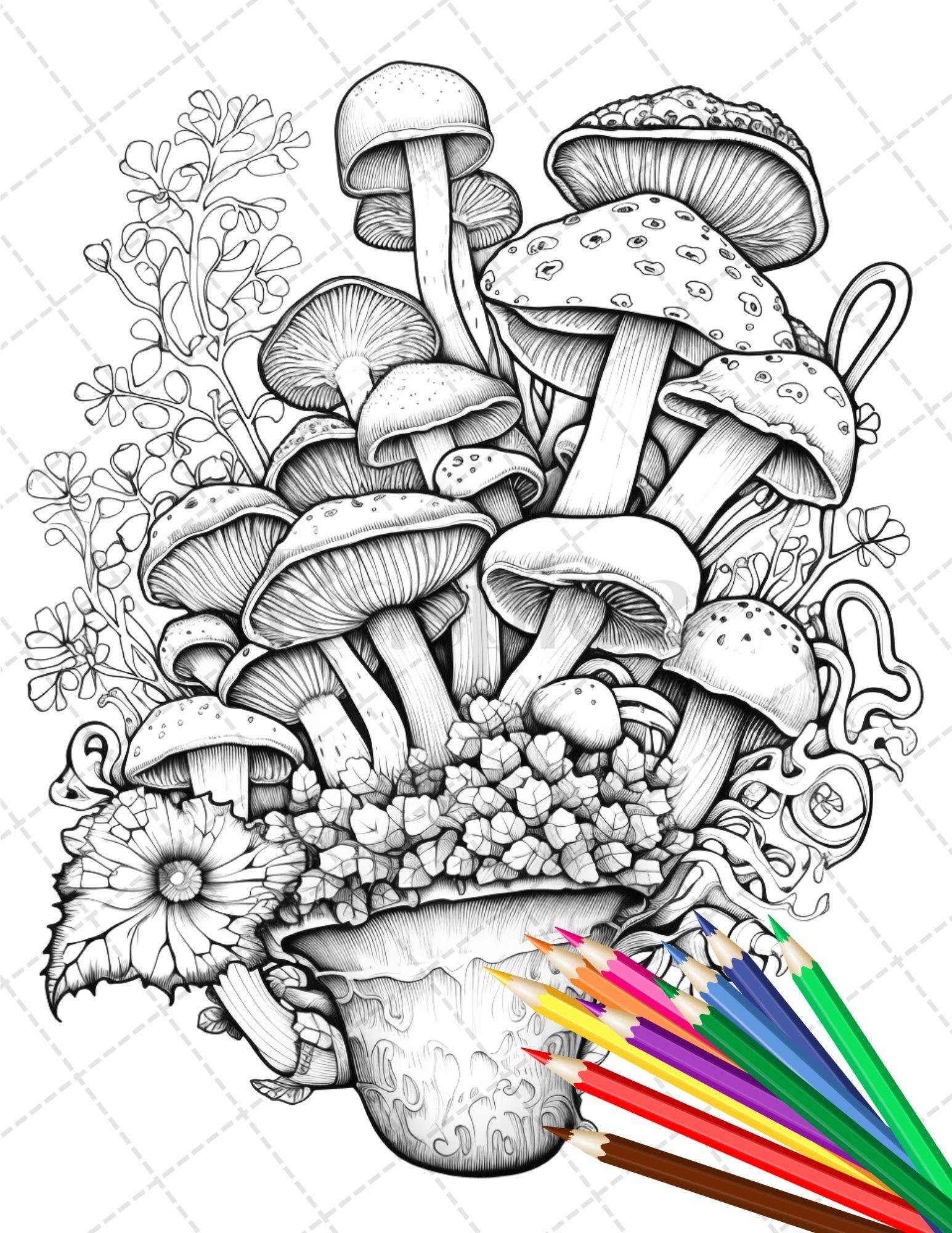 Psychedelic Mushroom Forest Coloring Book Printable for Adults, Trippy Grayscale Coloring Page, PDF File Instant Download