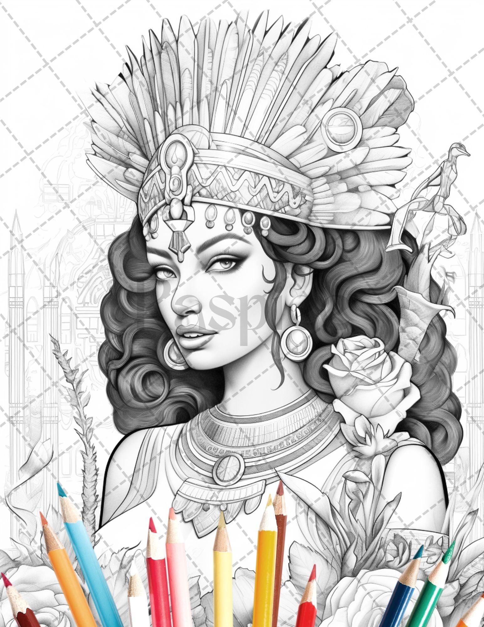 35 Ancient Egyptian Queens Coloring Book Printable for Adults, Grayscale Coloring Page, PDF File Instant Download