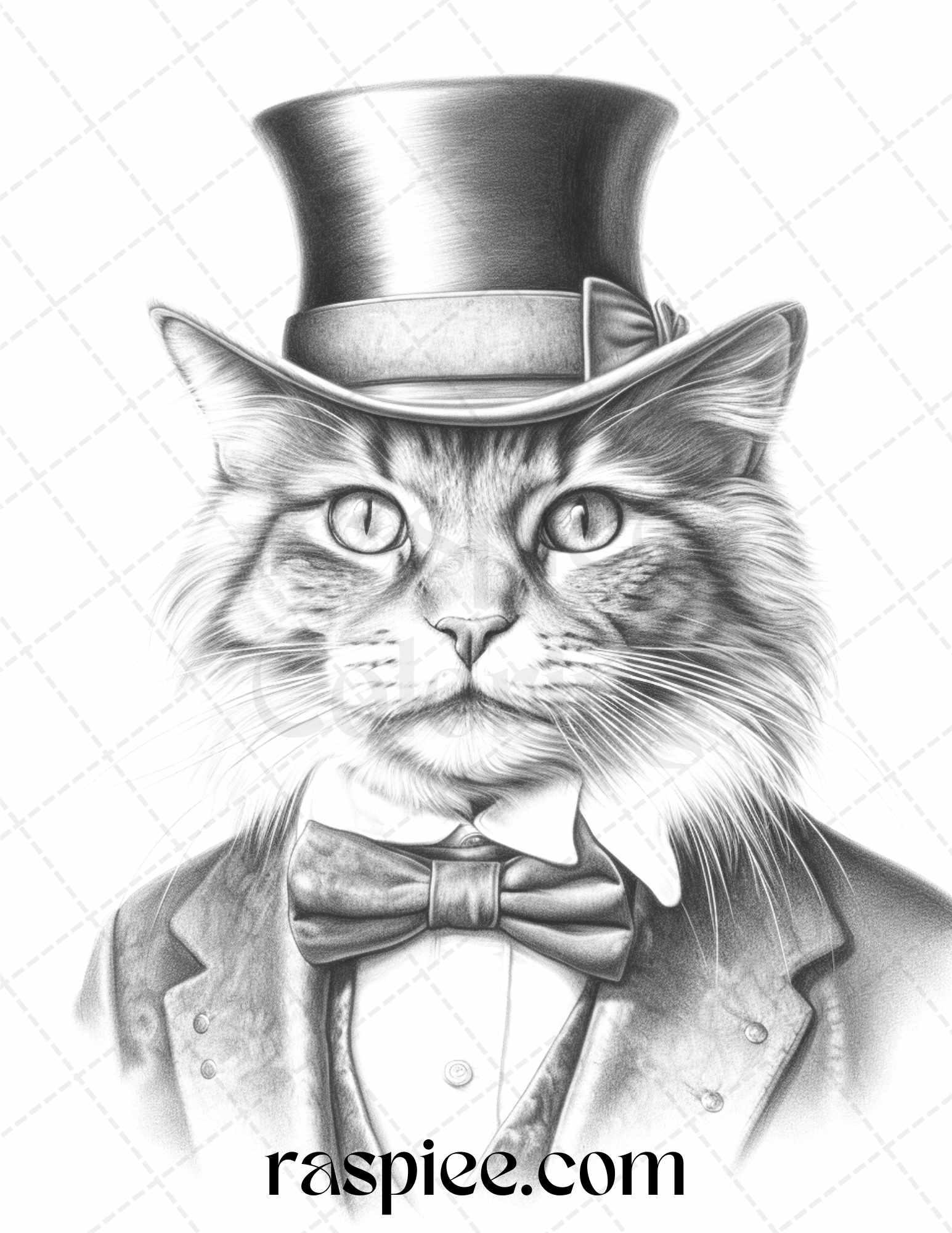 Gentleman Cat Grayscale Coloring Pages Printable for Adults Kids, PDF File Instant Download
