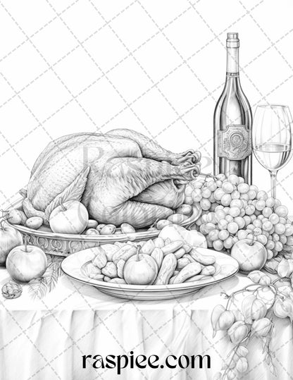 Thanksgiving Dinner Grayscale Coloring Pages for Adults, Relaxing Fall Coloring Sheets, Printable PDF File Instant Download