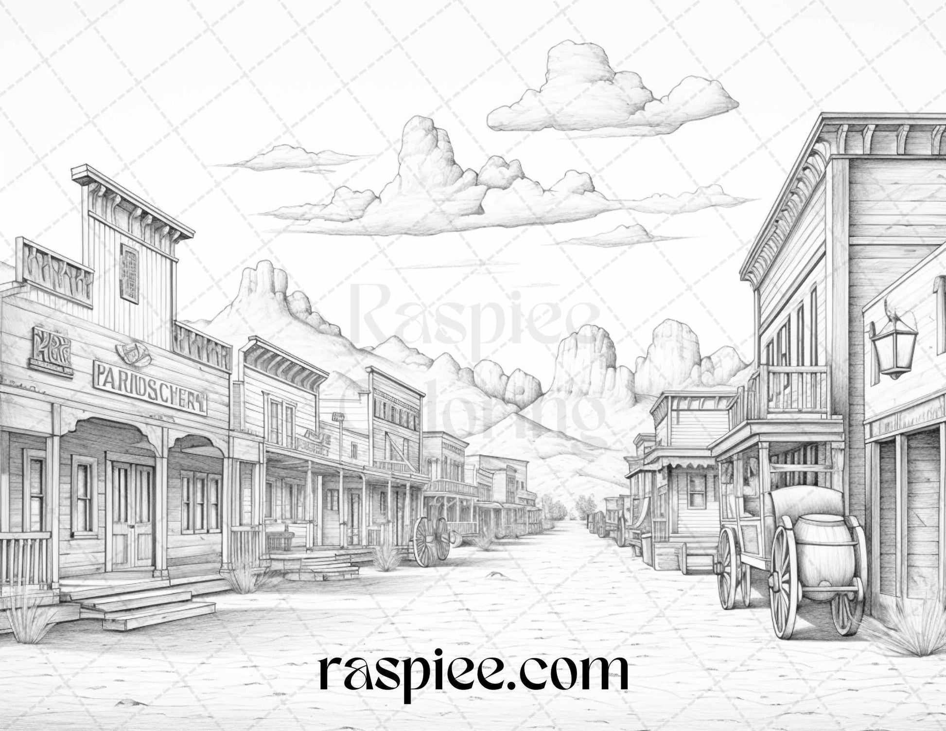 40 Wild West Towns Grayscale Coloring Pages Printable for Adults, PDF File Instant Download