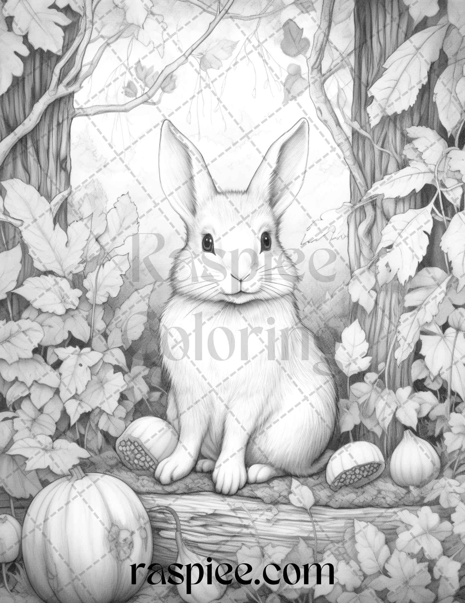 50 Rabbit Garden Grayscale Coloring Pages Printable for Adults, PDF File Instant Download