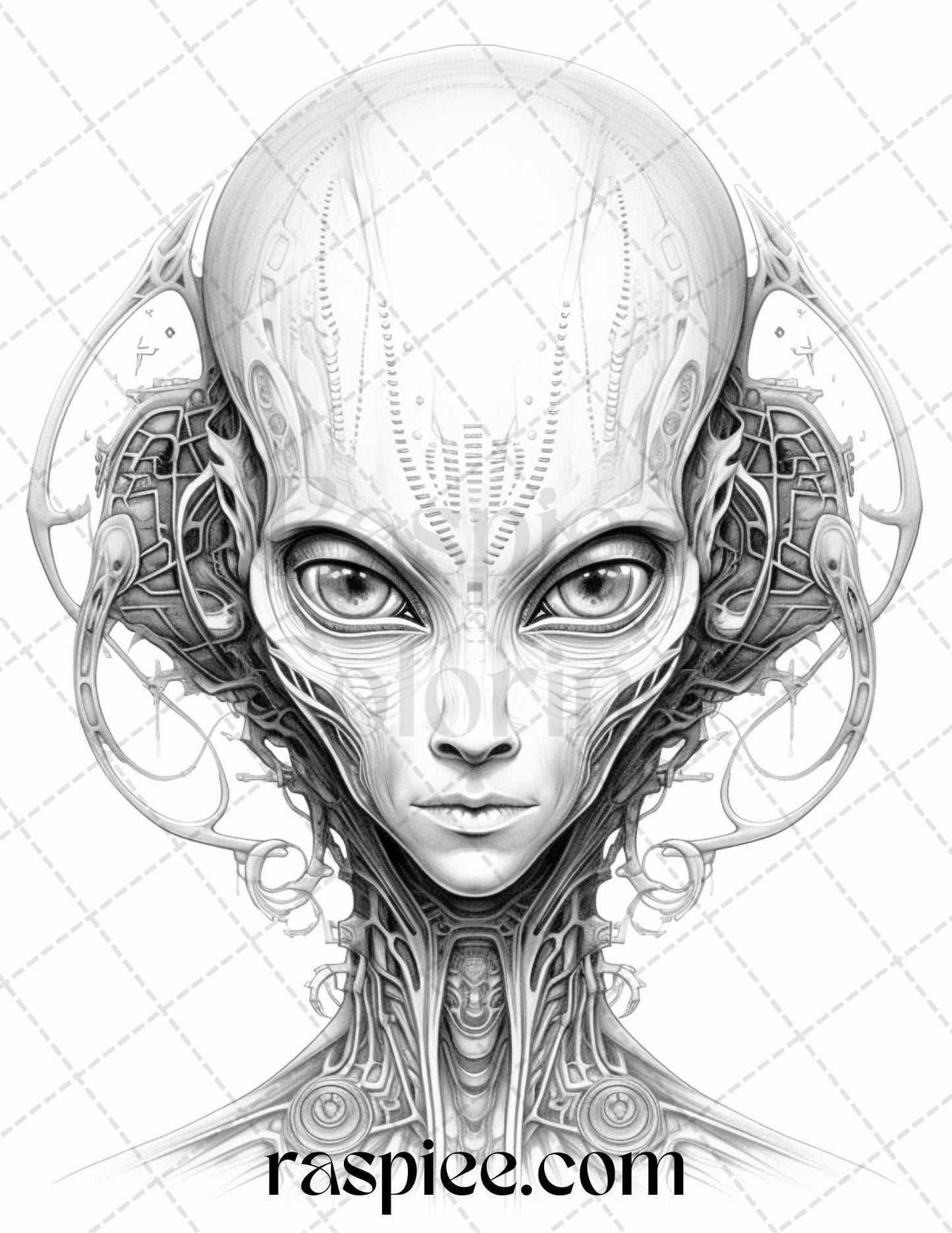 65 Alien Portrait Grayscale Coloring Pages for Adults, Printable PDF File Instant Download