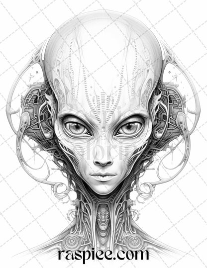 65 Alien Portrait Grayscale Coloring Pages for Adults, Printable PDF File Instant Download