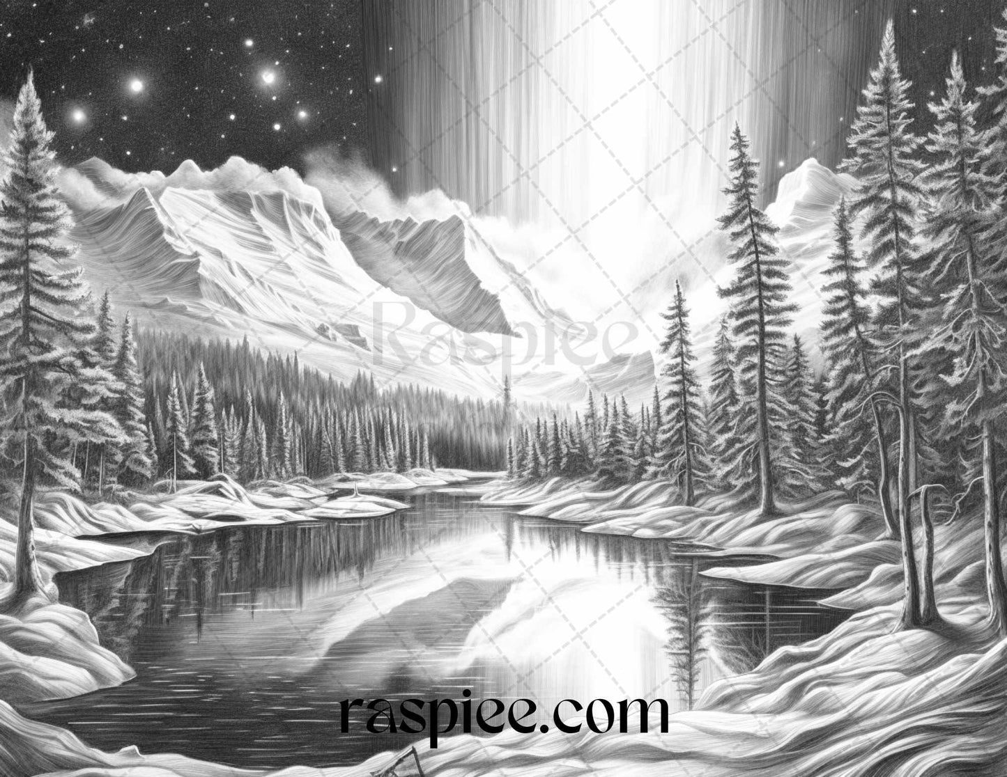 Aurora Borealis Landscape Grayscale Coloring Pages for Adults, Printable PDF File Instant Download