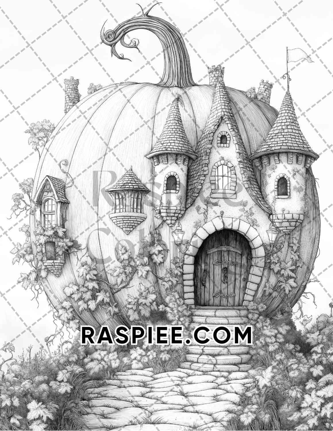 Fantasy Giant Pumpkin Castles Adult Coloring Pages Printable PDF Instant Download