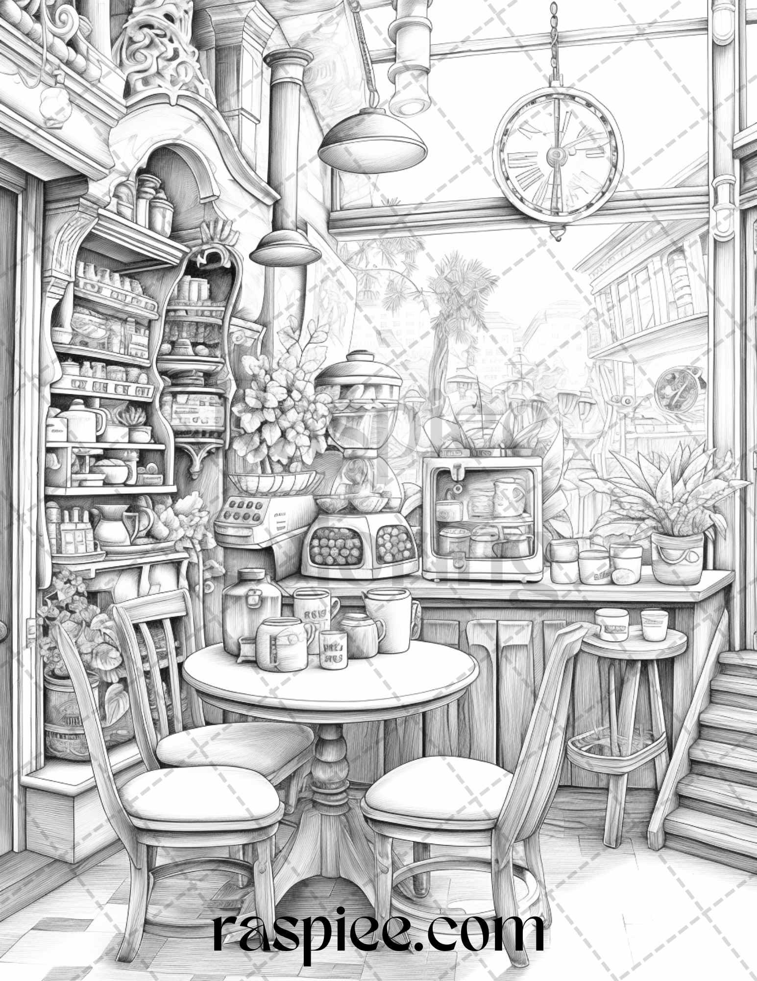 50 Cozy Coffee Shop Grayscale Coloring Pages Printable for Adults, PDF File Instant Download