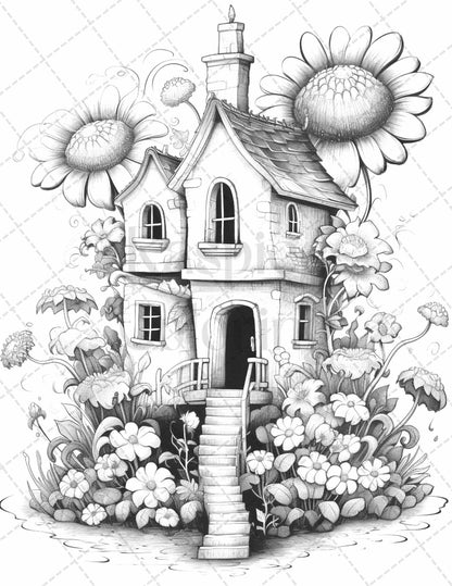 60 Flower Houses Grayscale Coloring Pages Printable for Adults, PDF File Instant Download