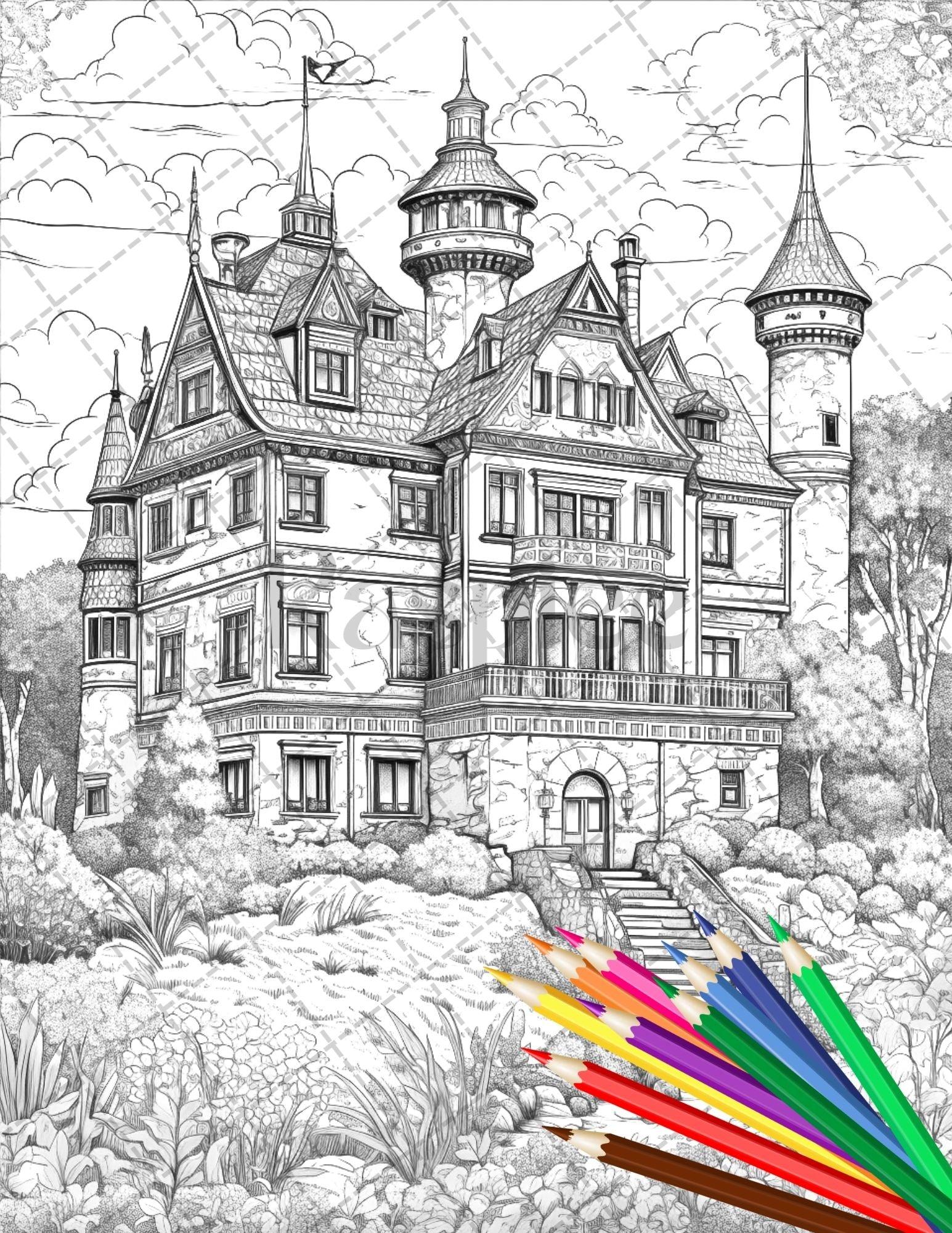 122 Fantasy Castles Coloring Book for Adults, Grayscale Coloring Page, Printable PDF Instant Download