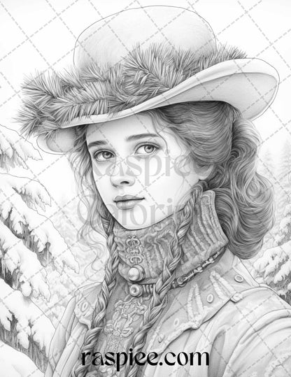 60 Victorian Winter Portrait Grayscale Coloring Pages Printable for Adults, PDF File Instant Download