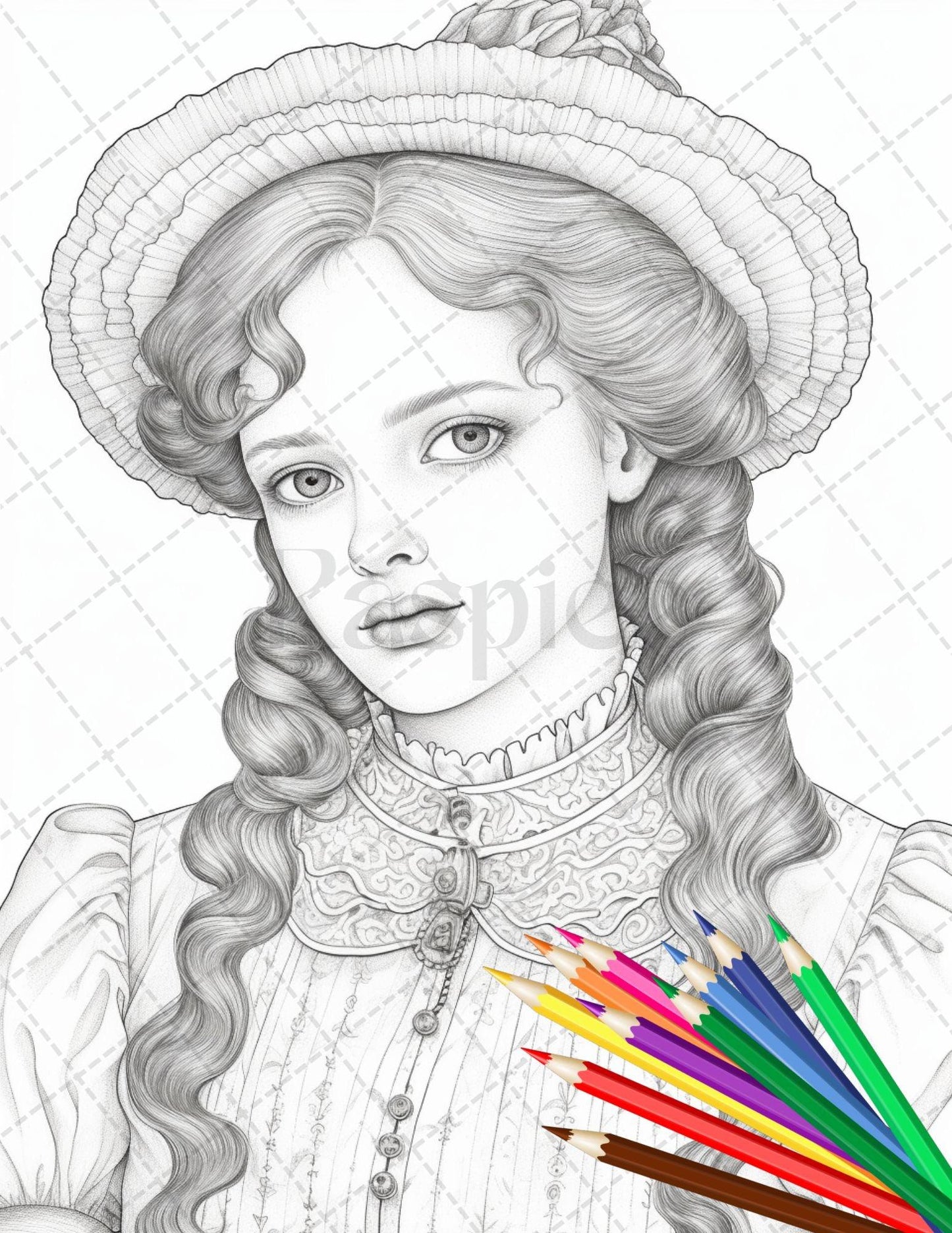 36 Beautiful Victorian Girls Coloring Pages Printable for Adults, Grayscale Coloring Page, PDF File Instant Download