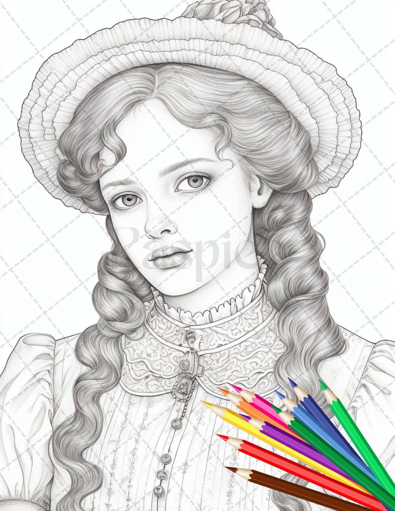 36 Beautiful Victorian Girls Coloring Pages Printable for Adults, Grayscale Coloring Page, PDF File Instant Download