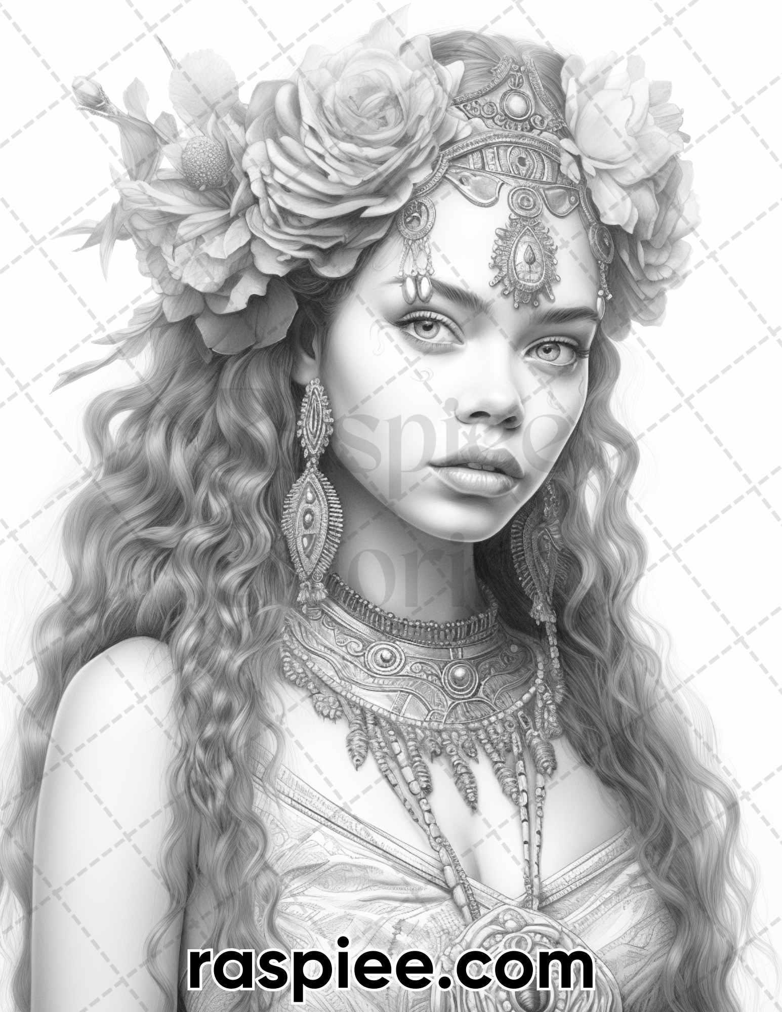 60 Bohemian Beauties Grayscale Coloring Pages for Adults, Printable PDF Instant Download