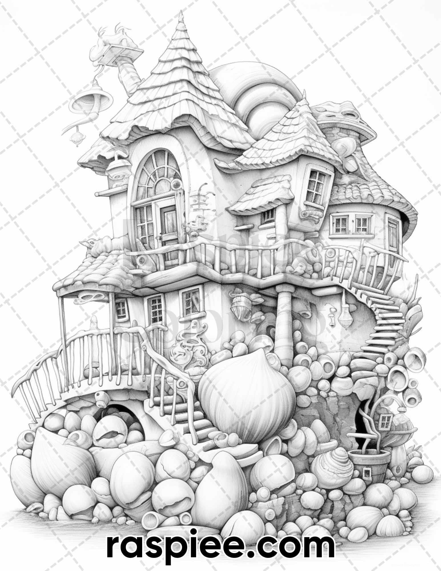 50 Seashell Houses Grayscale Adult Coloring Pages, Printable PDF Instant Download